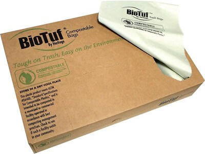 BioTuf 55-60 Gallon Compostable Bags, 38 x 58, Low Density, 0.9 Mil, Light Green, 100 Bags/Box, 5