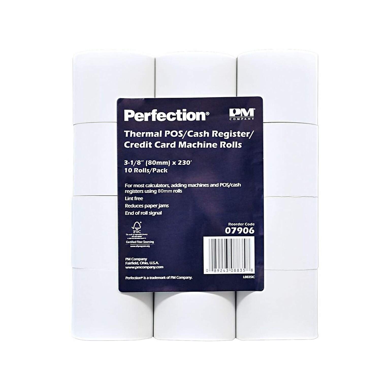 PM Company Perfection Thermal Cash Register/POS Rolls, 3 1/8 x 230, 10/Pack (PMC-07906)