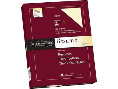 Southworth Resume Paper, 8.5 x 11, 24 lb., Wove-Finish, Ivory, 100 Sheets/Box (R14ICF)