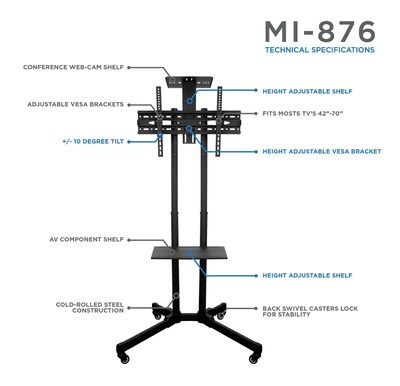 Mount-It! Steel Mobile TV Cart Stand, Black (MI-876)