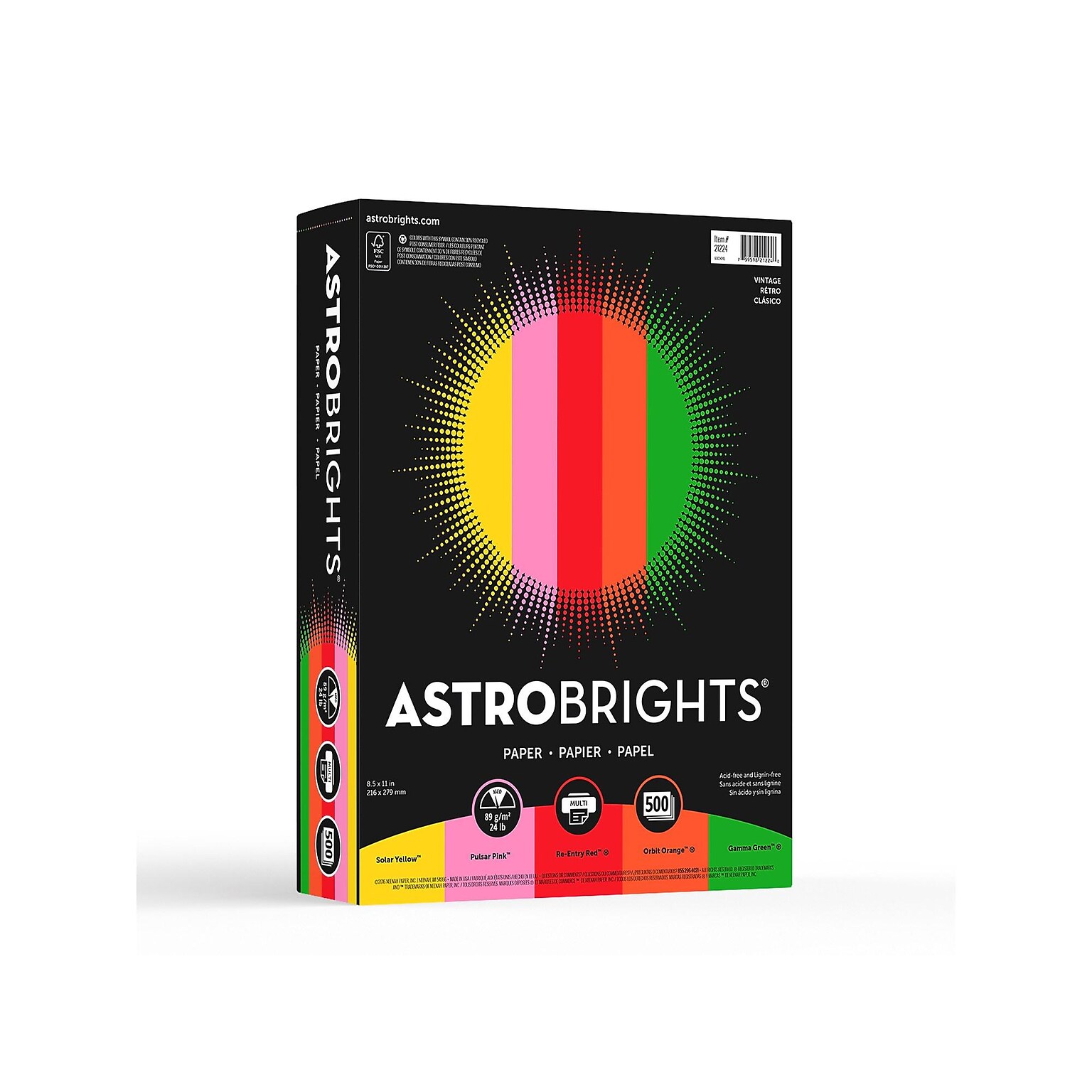 Astrobrights Vintage Multipurpose Paper, 24 lbs., 8.5 x 11, Assorted Colors, 500 Sheets/Pack (21224)