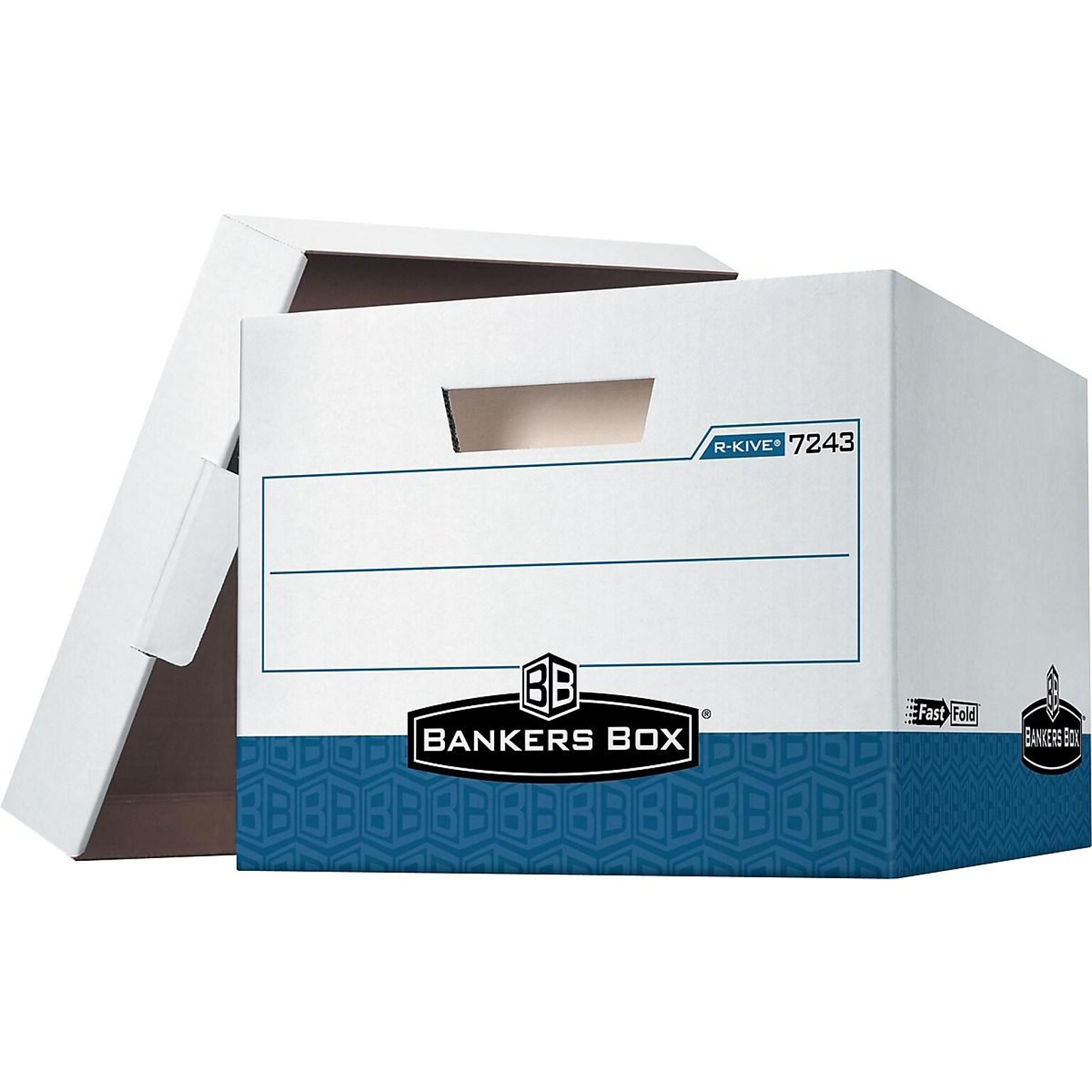 Bankers Box R-Kive® Heavy-Duty FastFold File Storage Boxes, Lift-Off Lid, Letter/Legal Size, White/Blue, 4/Carton (0724303)