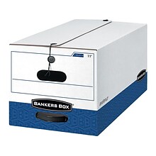 Bankers Box Heavy-Duty Corrugated File Storage Boxes, String & Button, Legal Size, White/Blue, 4/Car