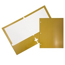 JAM Paper® Laminated Glossy 3 Hole Punch Two-Pocket School Folders, Gold, Bulk 100/Box (385GHPgob)