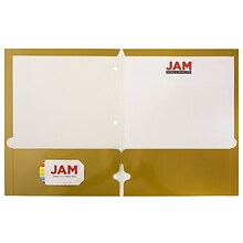 JAM Paper® Laminated Glossy 3 Hole Punch Two-Pocket School Folders, Gold, Bulk 100/Box (385GHPgob)