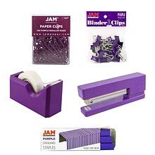 JAM Paper Office Starter Kit, Purple, Stapler, Tape Dispenser, Staples, Paper Clips & Binder Clips,