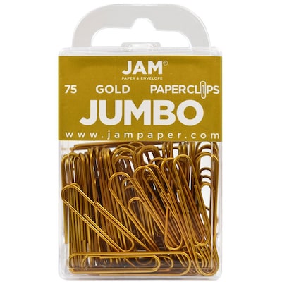 JAM Paper® Colored Jumbo Paper Clips, Large 2 Inch, Gold Paperclips, 2 Packs of 75 (21832060a)