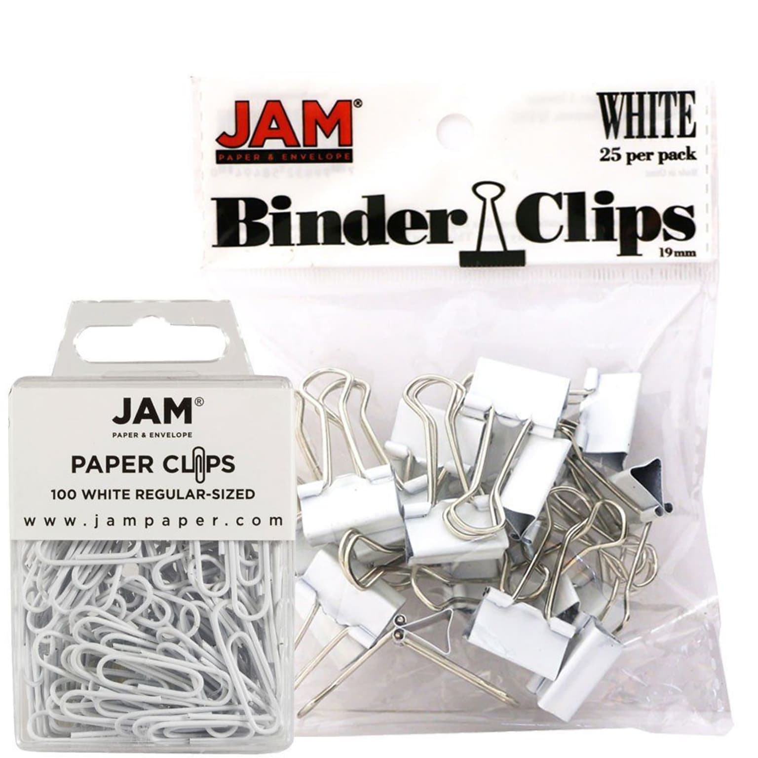 JAM Paper Colored Office Desk Supplies Bundle, White, Paper Clips & Binder Clips, 1 Pack of Each, 2/pack (218334wh)