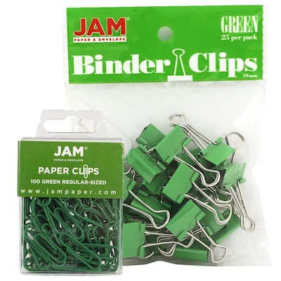 JAM Paper Colored Office Desk Supplies Bundle, Green, Paper Clips & Binder Clips, 1 Pack of Each, 2/