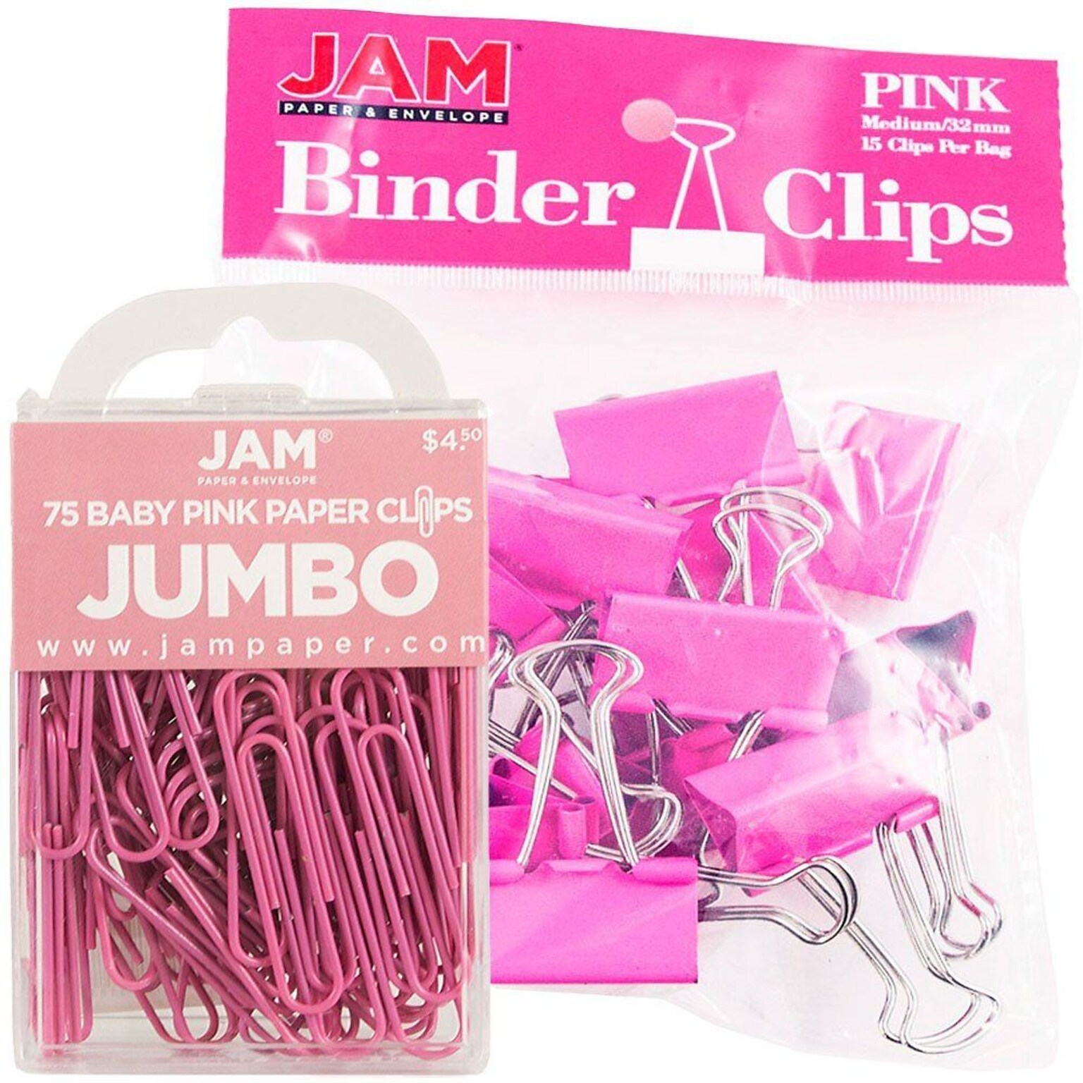 JAM Paper Colored Office Desk Supplies Bundle, Pink, Jumbo Paper Clips & Medium Binder Clips, 1 Pack of Each (4218339PI)