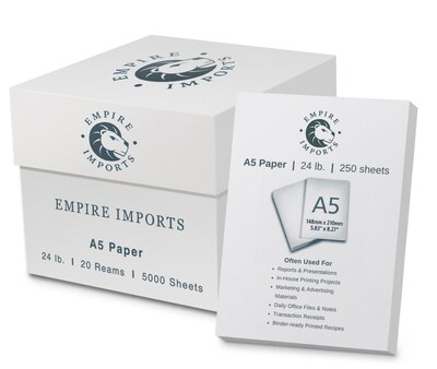 Empire Imports 5.8" x 8.3" Premium Multi-Purpose A5 Paper, 24 lbs., 96 Brightness, 5000 Sheets/Carton (A524C)
