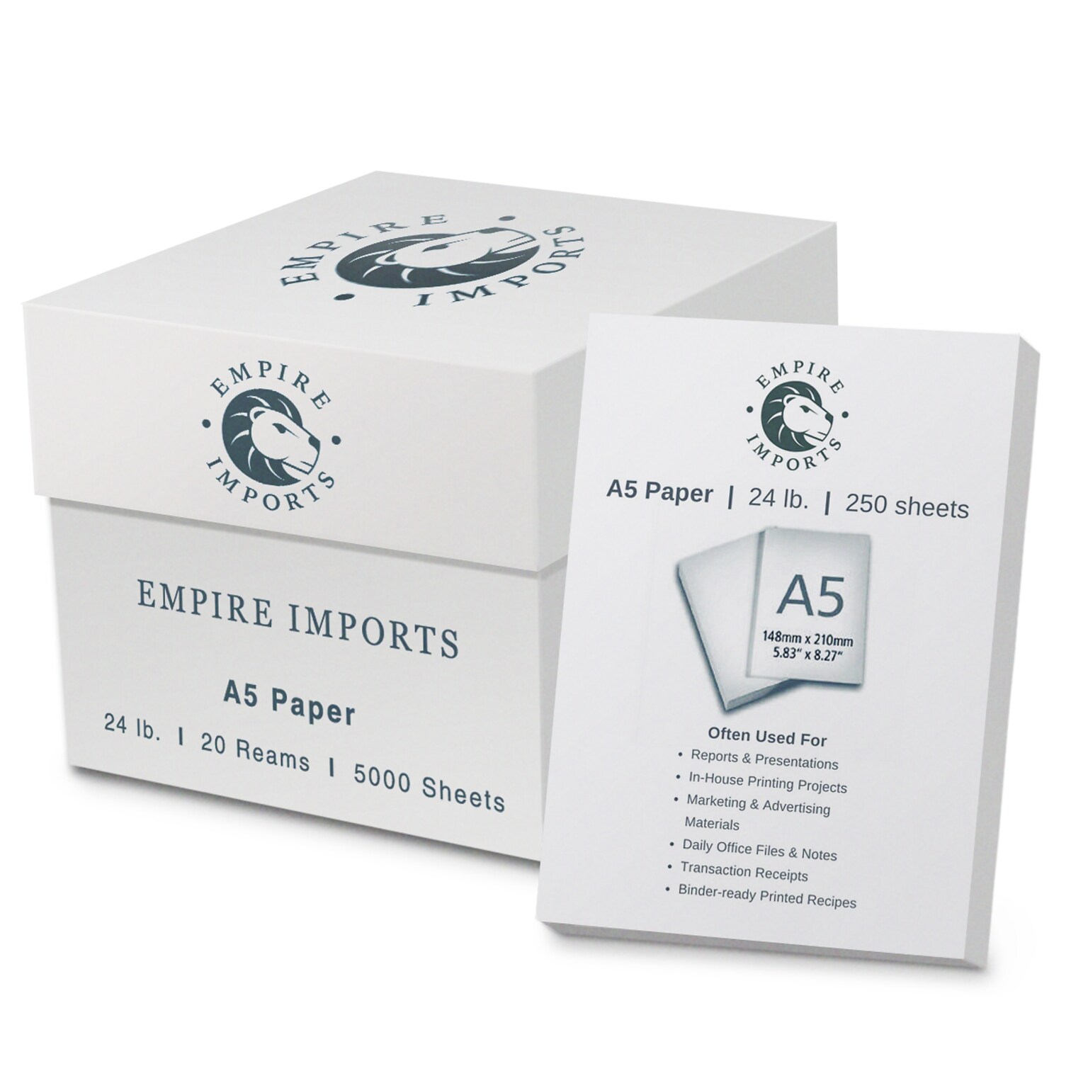 Empire Imports 5.8 x 8.3 Premium Multi-Purpose A5 Paper, 24 lbs., 96 Brightness, 5000 Sheets/Carton (A524C)