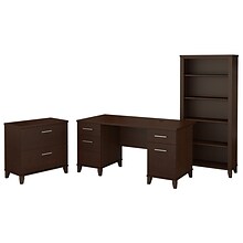 Bush Furniture Somerset 60W Office Desk with Lateral File Cabinet and 5 Shelf Bookcase, Mocha Cherr
