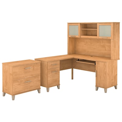 Bush Furniture Somerset 60W L Shaped Desk with Hutch and Lateral File Cabinet, Maple Cross (SET008M