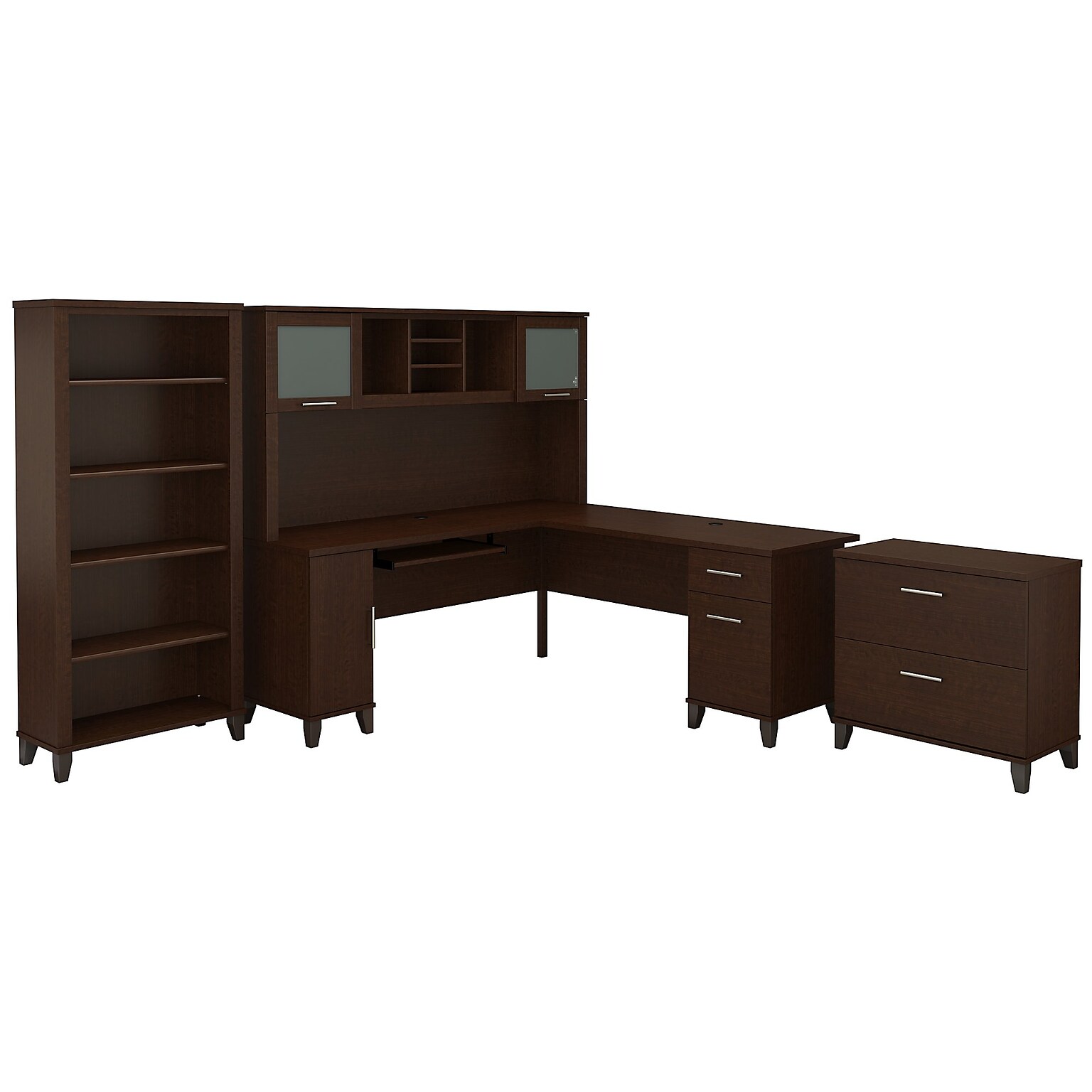 Bush Furniture Somerset 72W L Shaped Desk with Hutch, Lateral File Cabinet and Bookcase, Mocha Cherry (SET012MR)