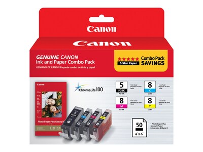 Canon 5/8 Black, Cyan, Magenta, Yellow Ink Cartridges w/ Photo Paper, 4/Pack (0628B027)
