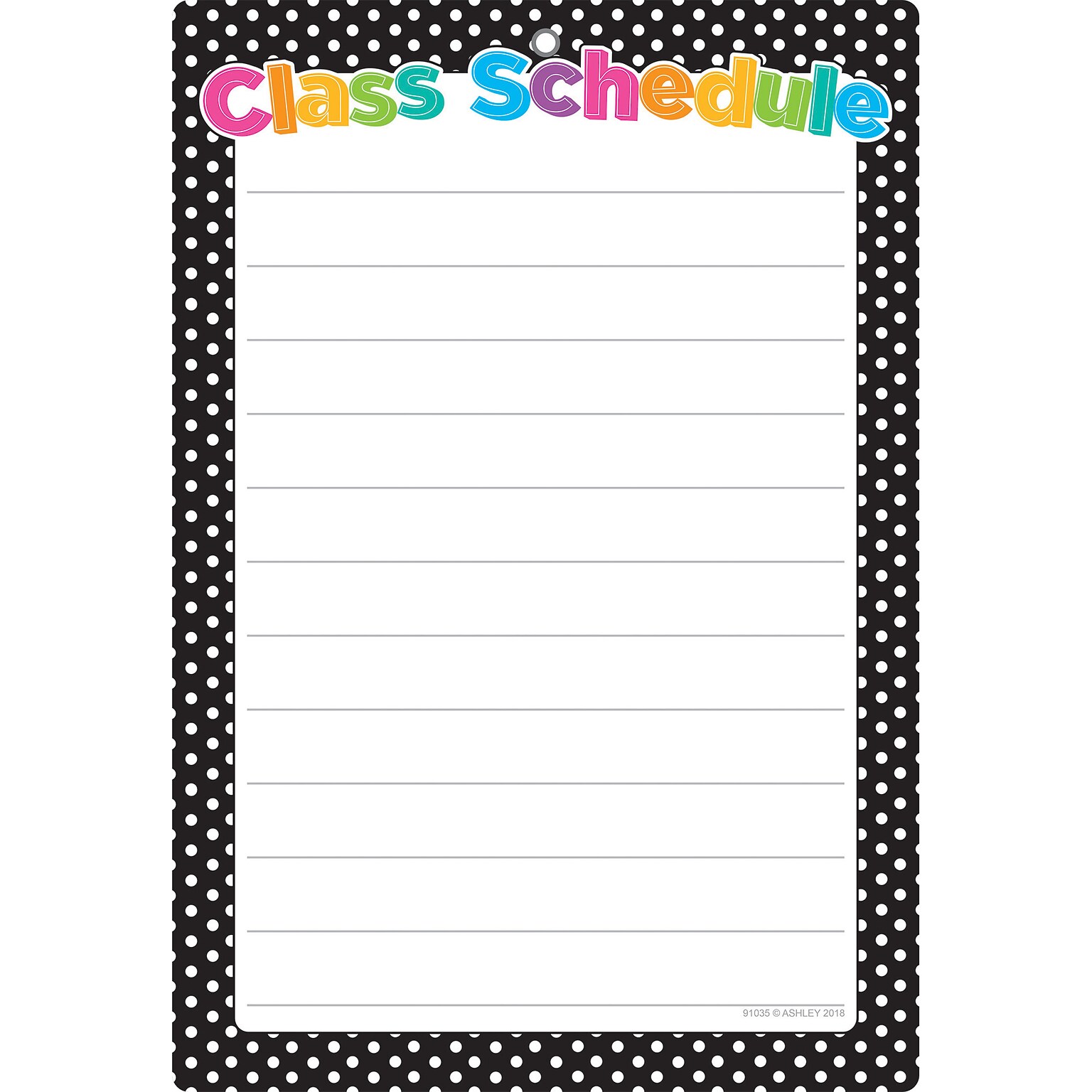 Ashley Productions Smart Poly™ Chart, 13 x 19, B&W Polka Dots Class Schedule, w/Grommet, Pack of 10 (ASH91035BN)