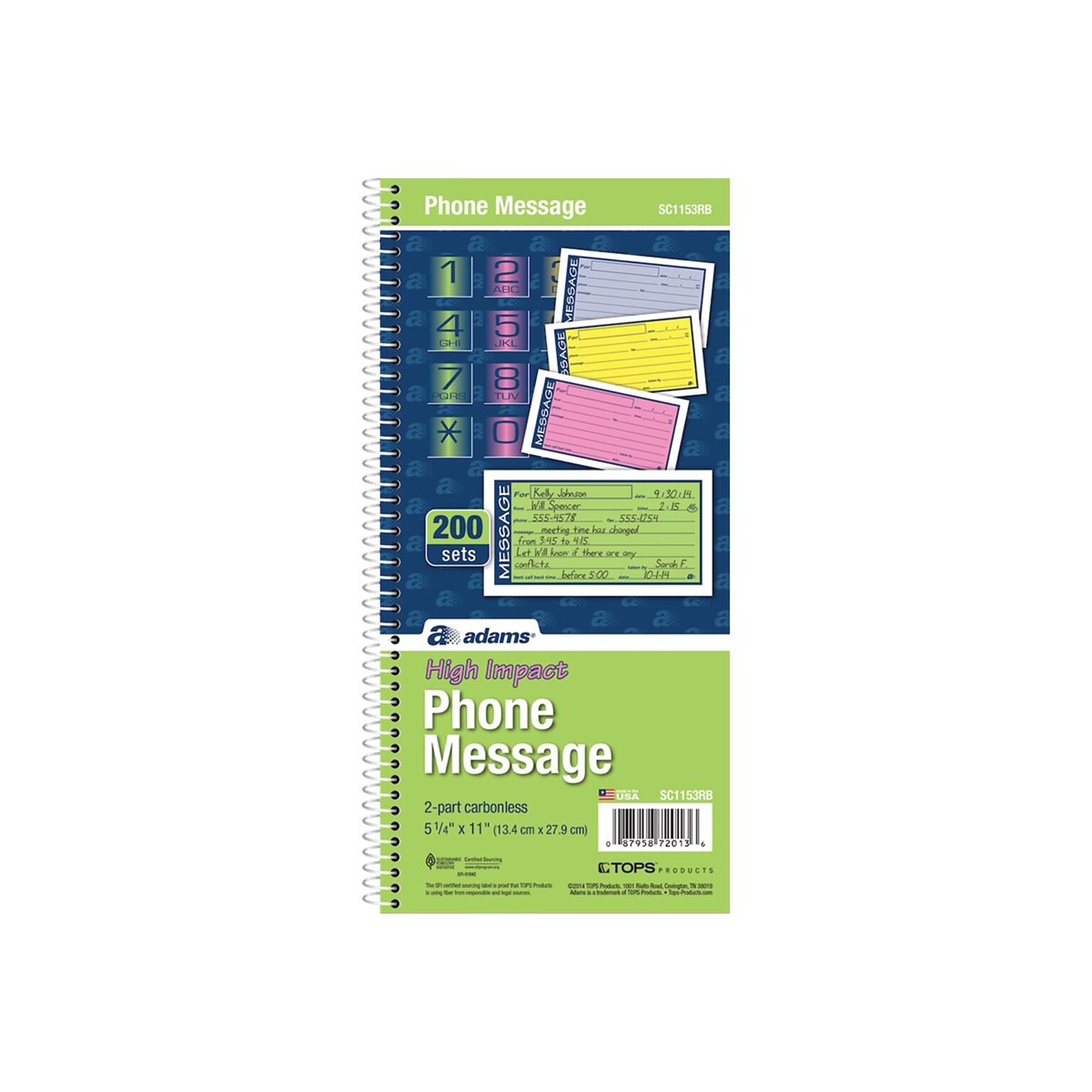 Adams High Impact Phone Message Pad, 5.25 x 11, Wide Ruled, Blue/Yellow/Green/Pink, 50 Sheets/Pad (SC1153RB)