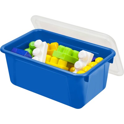 Storex Plastic Small Cubby Bins with Lids, 5.1" x 7.8" x 12.2", Blue/Clear, 5/Carton (62408U05C)