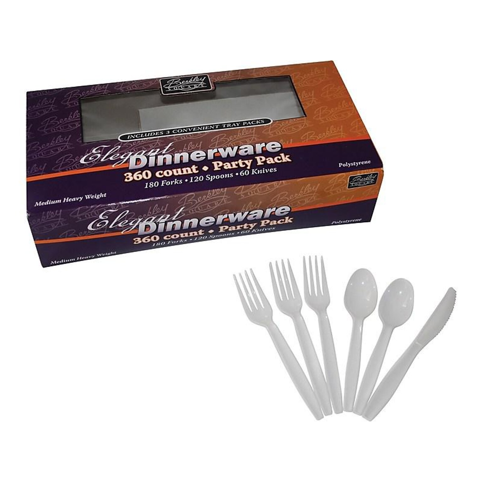 Berkley Square Elegant Dinnerware Party Pack Plastic Assorted Cutlery Set, Medium-Heavy Weight, White, 360/Pack (1065008)
