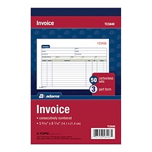 Adams 3-Part Carbonless Invoices, 8.44W x 5.56L, 50 Sets/Book (TC5840)