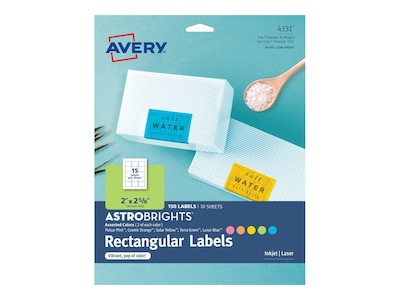 Avery Astrobrights Laser/Inkjet Multipurpose Labels, 2 x 2 5/8, Assorted Colors, 15 Labels/Sheet,