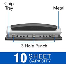 Swingline® Precision Pro® Desktop 2-3-Hole Punch, Adjustable Centers, 10 Sheet Capacity, Black/Silve