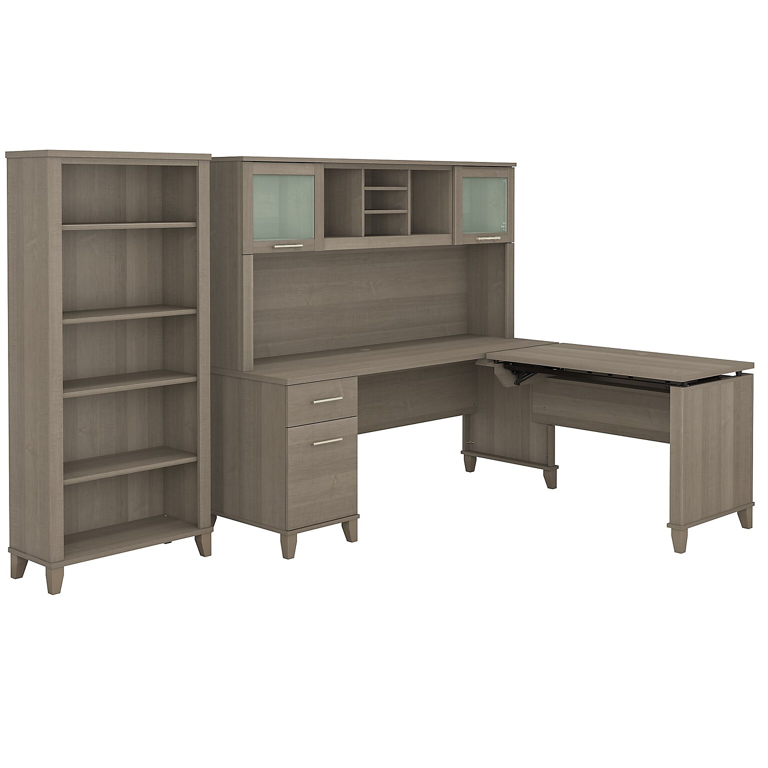 Bush Furniture Somerset 72W 3 Position Sit to Stand L Shaped Desk with Hutch and Bookcase, Ash Gray (SET017AG)