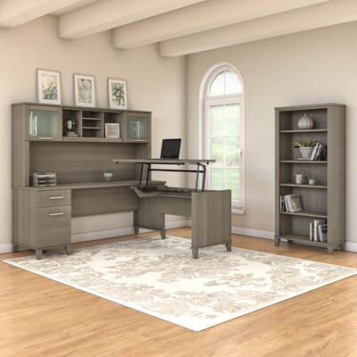 Bush Furniture Somerset 72"W 3 Position Sit to Stand L Shaped Desk with Hutch and Bookcase, Ash Gray (SET017AG)