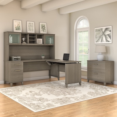 Bush Furniture Somerset 72"W 3 Position Sit to Stand L Shaped Desk with Hutch and File Cabinet, Ash Gray (SET016AG)