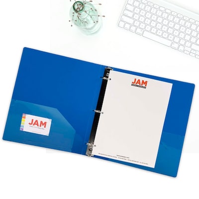 JAM Paper Heavy Duty 1 1/2" 3-Ring Flexible Poly Binders, Blue Glass Twill (762T15BU)