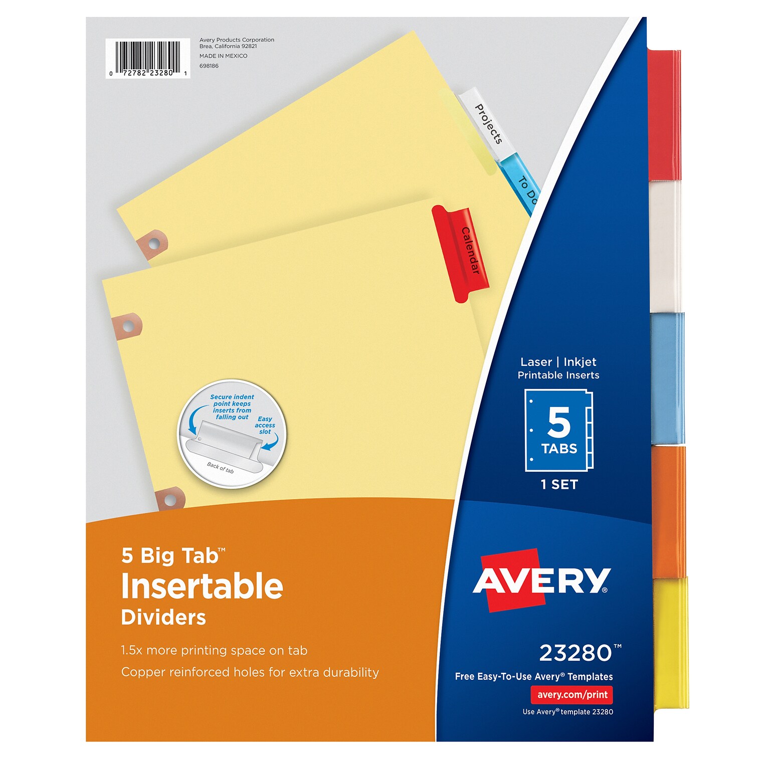 Avery Big Tab Insertable Paper Dividers, 5 Tabs, Multicolor, Copper Reinforced (23280)