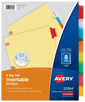 Avery Big Tab Insertable Paper Dividers, 8 Tabs, Multicolor, Copper Reinforced (23284)