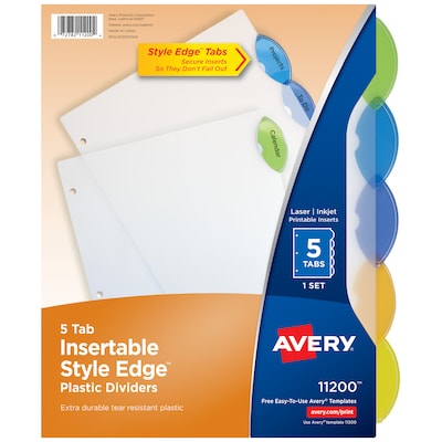 Avery Style Edge Insertable Plastic Dividers, 5-Tab, Assorted,  120/Carton