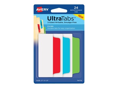 Avery Ultra Tabs, 3 Wide, Assorted Colors, 24/Pack (74775)