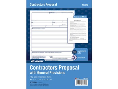 Adams 3-Part Carbonless Contractor Proposal Forms, 8.5 x 11.44, 50 Sets/Book (NC3819)
