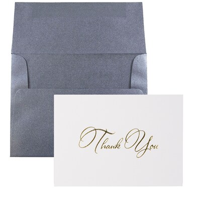 JAM Paper® Thank You Card Sets, White Care with Gold Script & Anthracite Stardream Envelopes, 25/Pac