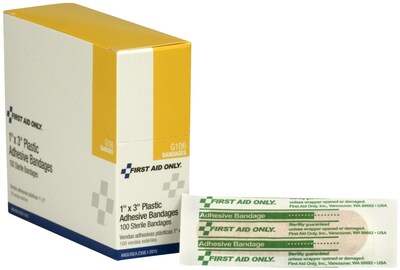 First Aid Only 1 x 3 Plastic Adhesive Bandages, 100/Box (G106)