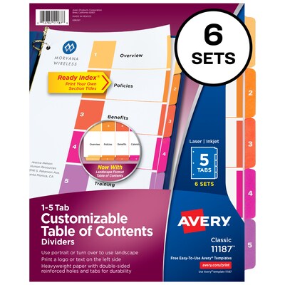 Avery Ready Index Table of Contents Paper Dividers, 1-5 Tabs, Multicolor, 6 Sets/Pack (11187)
