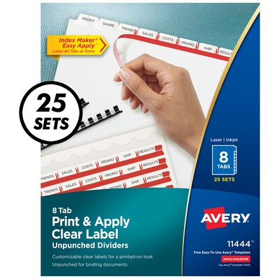 Avery Index Maker Unpunched Paper Dividers with Print & Apply Label Sheets, 8 Tabs, White, 25 Sets/Pack (11444)