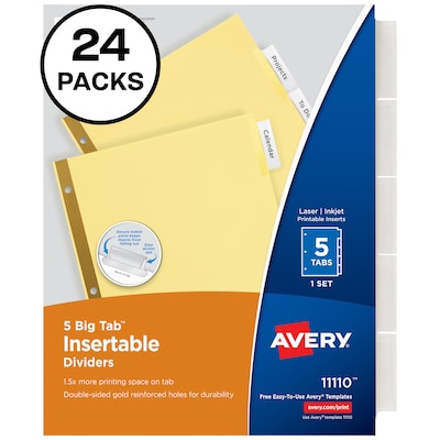 Avery Big Tab Insertable Paper Dividers, 5 Tabs, Buff with Clear Tabs, 24 Sets/Pack (11113)