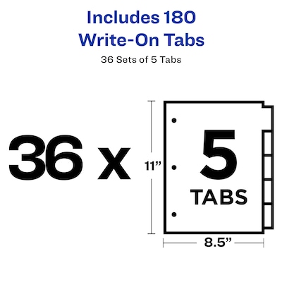 Avery Write & Erase Paper Dividers, 5 Tabs, White, 36 Sets/Box (11506)