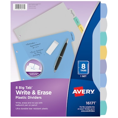 Avery Big Tab Write & Erase Plastic Dividers, 8 Tabs, Multicolor (16171)