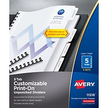 Avery Print-On Unpunched Paper Dividers, 5 Tabs, White, 5 Sets/Pack (11516)