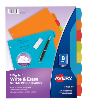 Avery Big Tab Write & Erase Plastic Dividers, 8 Tabs, Bright Multicolor (16130)