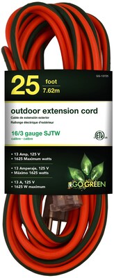 GoGreen Power 25 Indoor/Outdoor Extension Cord, 16 AWG, Orange (GG-13725)