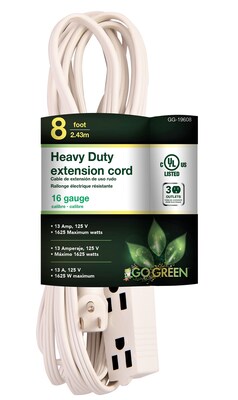 GoGreen Power 8 Extension Cord, 3-Outlet, 16 AWG, White (GG-19608)