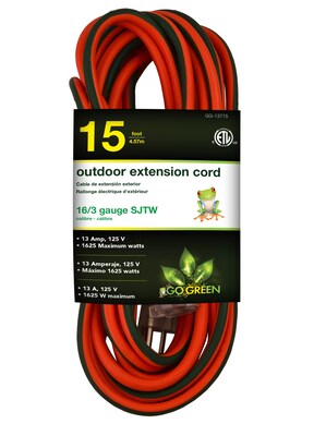 GoGreen Power 15 Indoor/Outdoor Extension Cord, 16 AWG, Orange (GG-13715)