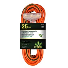 GoGreen Power 25 Indoor/Outdoor Extension Cord, 3-Outlet, 14 AWG, Orange (GG-15125)