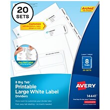 Avery Big Tab Printable Paper Dividers with Large White Labels, 8 Tabs, White, 20 Sets/Pack (14441)